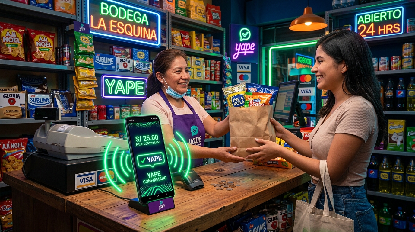 Mostrador comercial en Perú con ZAPY cantando pagos de Yape y Plin